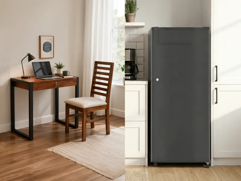 Crest Study Table With Alexa Wooden Chair And Single Door Fridge
